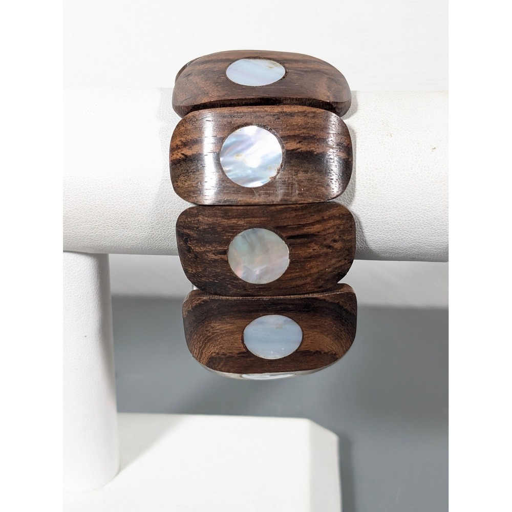 Wood Panel Mother of Pearl Shell Inlay Stretch Bracelet 7 Inch Boho